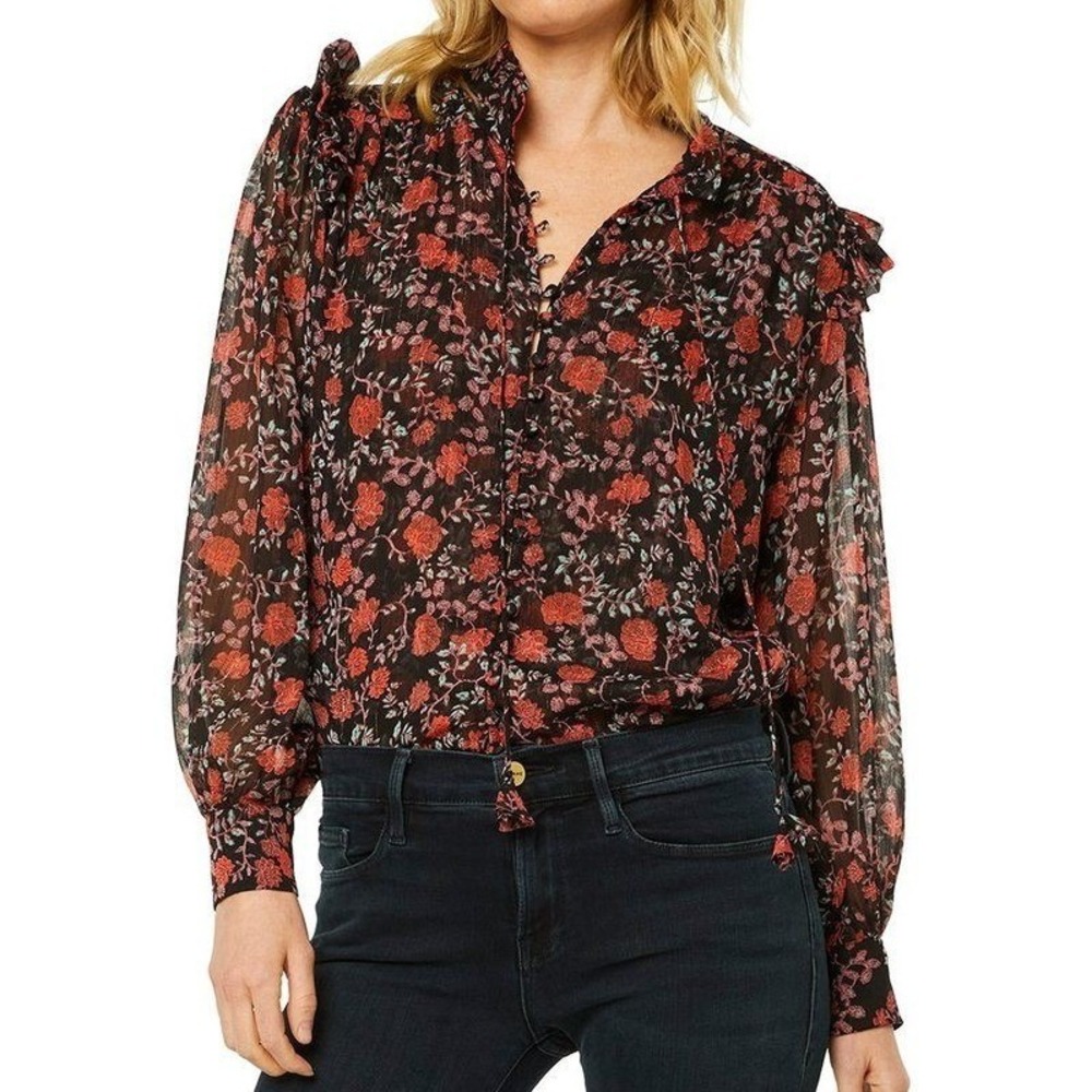 Misa Los Angeles Analeigh Blouse Carnelian Blooms Floral Sheer Ruffle Size XS